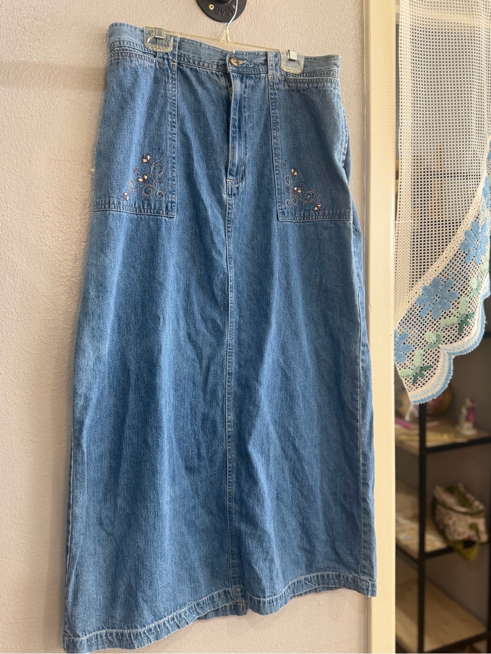 White Stag Blue Denim Maxi Skirt with Embroidered Pockets